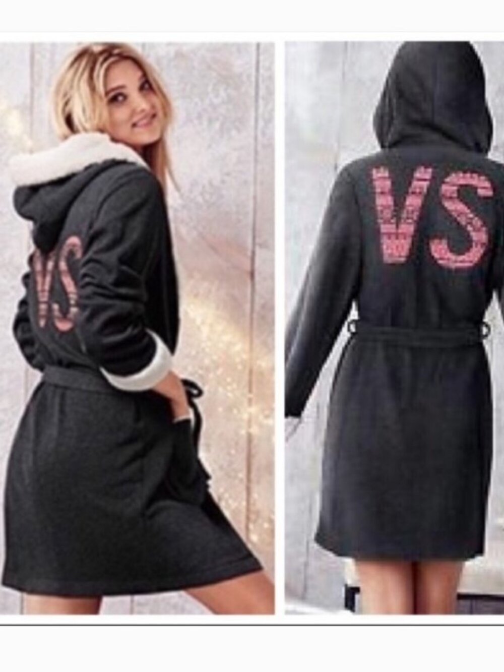 Victoria's Secret Charcoal Gray Hooded Robe with Cream Sherpa Trim Szie XS/S